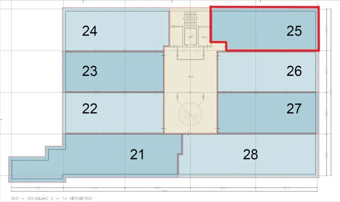 Plattegrond van de eerste verdieping van een gebouw aan de Hoogte Kadijk, met ruimte 25 rood omlijnd.
